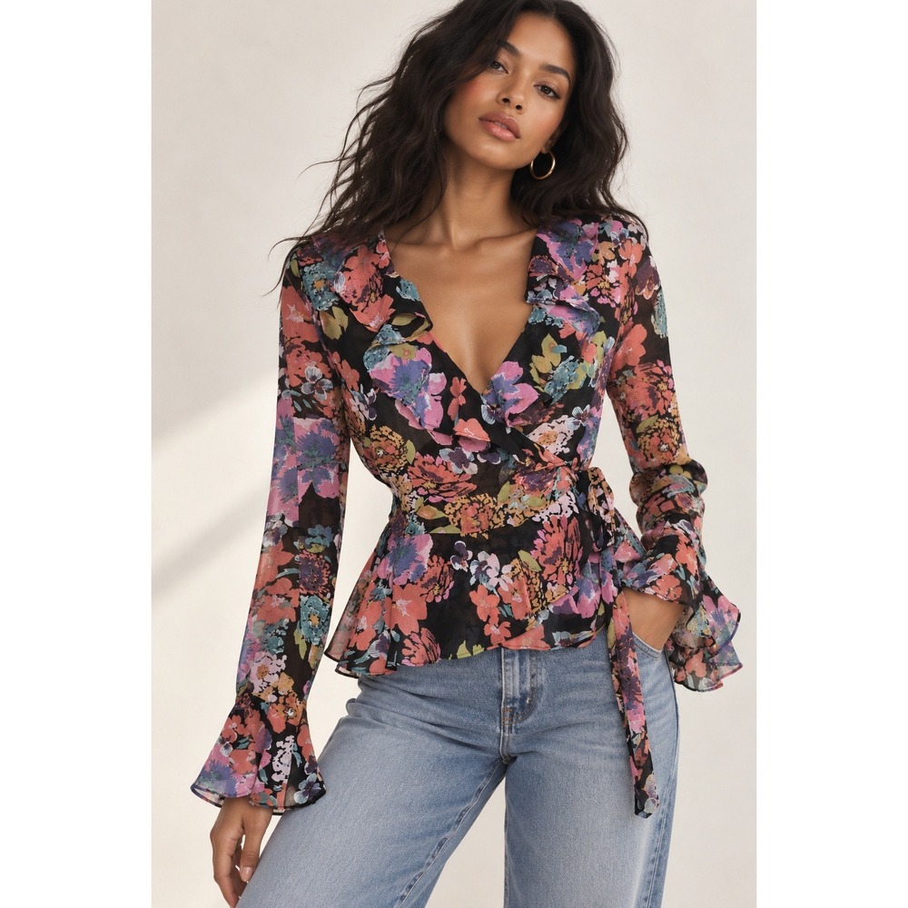 Black Floral Ruffle Wrap Blouse Medium Sheer Bell Sleeve Peplum Boho